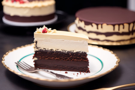 Chocolate cake with cream on a dark background. Selective focus.の素材