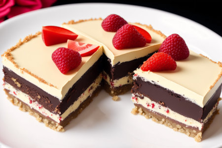 Piece of chocolate cake with fresh raspberries on white plateの素材