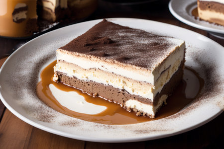 Tiramisu cake on a white plate on a wooden tableの素材
