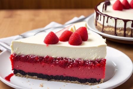 Strawberry cheesecake on wooden background. Selective focus.の素材