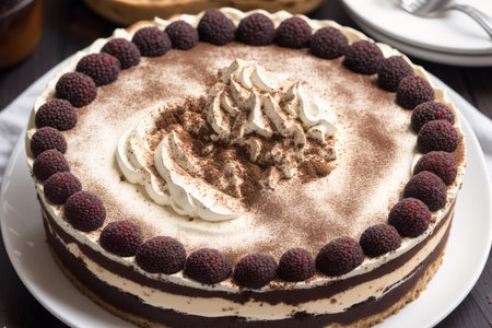 Tiramisu cake with fresh raspberries and whipped creamの素材