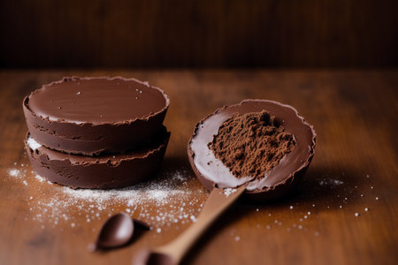 Chocolate macaroons with cocoa powder on a wooden background.の素材