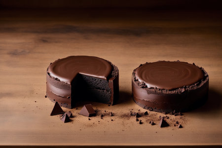 chocolate mousse cake with chocolate chips on a wooden background.の素材
