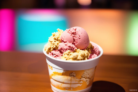 ice cream in a cup on a table in a cafe or restaurantの素材