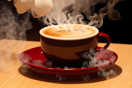 Hot coffee in a red cup on a wooden table with smoke and steamの素材