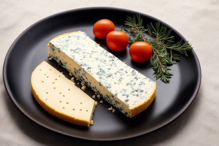 Cheese collection, gorgonzola blue cheese with rosemary and cherry tomatoes on black plateの素材