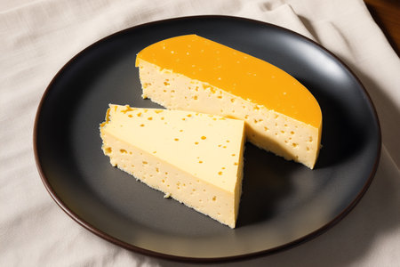 Cheese collection, single piece of cheddar cheese on black plateの素材