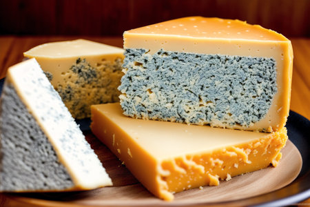 Cheese collection, gouda and blue cheddar close upの素材