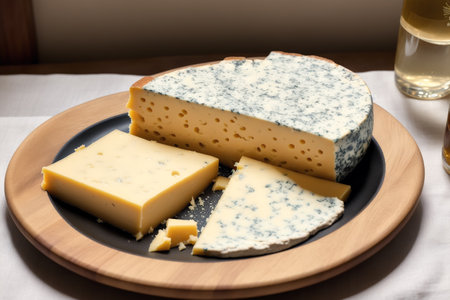 Cheese collection, French Gorgonzola and blue roquefort on wooden plateの素材