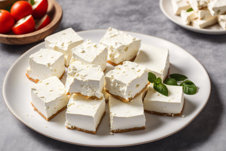 Feta cheese on a white plate on a gray background, top viewの素材