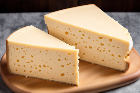 Piece of cheese on a plate, close-up, horizontalの素材