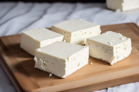 White cheese on a wooden board. Close-up, selective focus.の素材