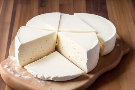 Camembert cheese on a cutting board on a wooden table.の素材