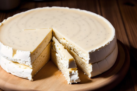 Cheesecake with brie cheese on a wooden board on a dark backgroundの素材