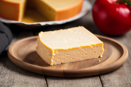 Piece of cheddar cheese on a wooden plate, selective focusの素材