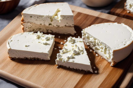 Slices of cheesecake with cottage cheese on a cutting boardの素材