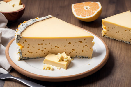 Cheese collection, piece of New York cheesecake made from cow milk close upの素材