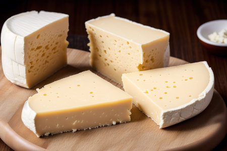 Cheese collection, pieces of French medium-hard cheese made from cow milk close upの素材
