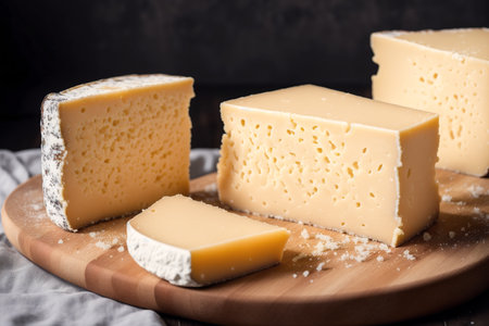Cheese collection, French medium-hard cheese emmental made from cow milk close upの素材
