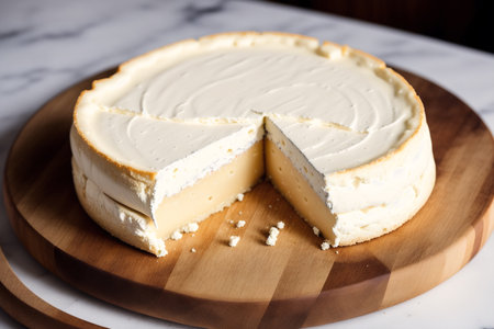 Cheesecake with white cream cheese on wooden cutting board, selective focusの素材