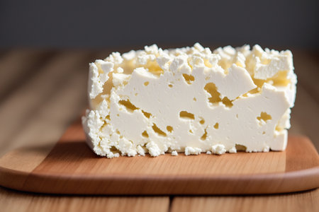 Cottage cheese on a cutting board on a wooden background close upの素材
