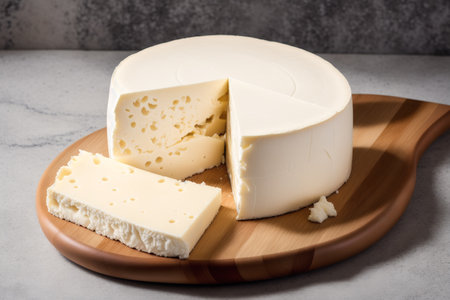 Slices of feta cheese on a round wooden cutting boardの素材