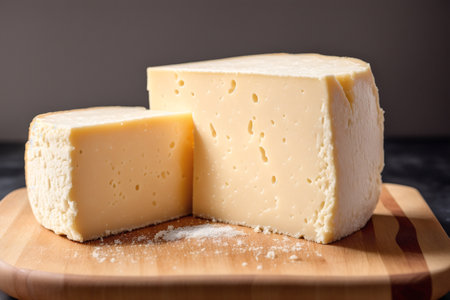 Cheese collection, pieces of hard parmesan cheese made from cow milk close upの素材
