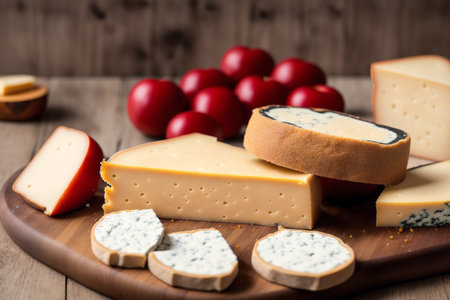 Cheese collection, variety of cheeses with tomatoes on wooden backgroundの素材