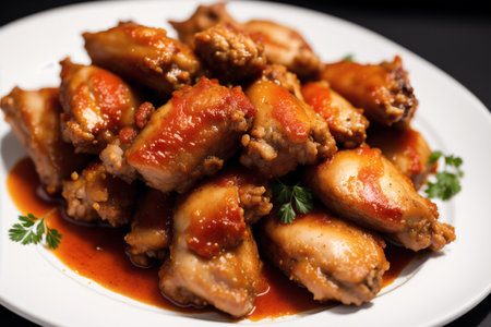 chicken wings in sweet and sour sauce on a black background.の素材