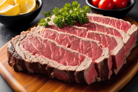 Slices of roast beef with parsley on wooden cutting boardの素材