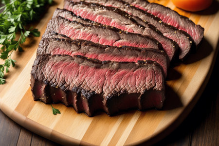 Slices of roast beef on a cutting board with parsleyの素材