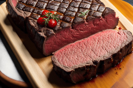 Slices of roast beef on a wooden board with rosemaryの素材