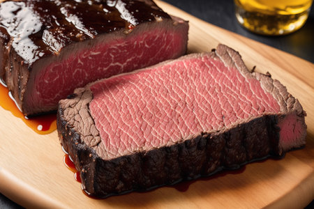 Grilled wagyu beef steak on wooden board, closeupの素材