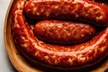 smoked sausages in a wooden plate on a gray backgroundの素材