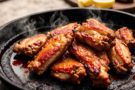 Fried pork ribs with sweet and sour sauce on black plate.の素材