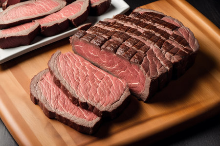 sliced roast beef on a cutting board on a black backgroundの素材