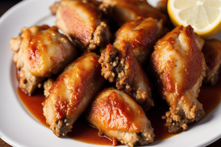 Fried chicken wings in sweet and sour sauce served with lemon.の素材