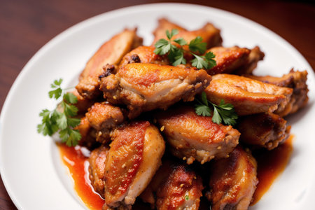 Roasted chicken wings with spicy sauce and parsley on white plateの素材