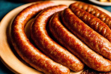 Raw sausages on a wooden plate. Selective focus.の素材