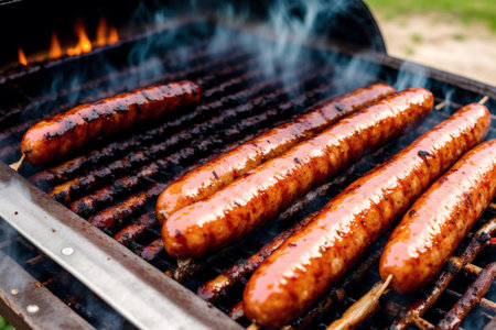 Grilled sausages on the barbecue grill. Close-up.の素材