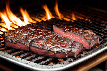 Grilled beef steak on the grill with flames, close-upの素材
