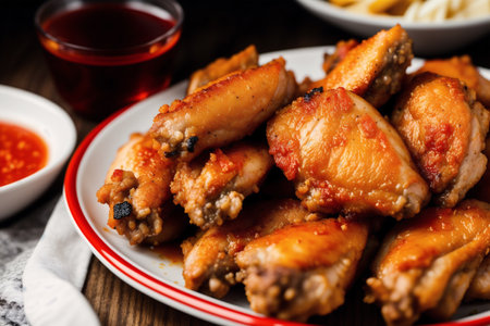 Fried chicken wings on a plate with sauce on the table.の素材