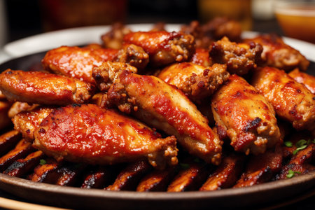 Grilled chicken wings with spicy sauce on a plate, close upの素材