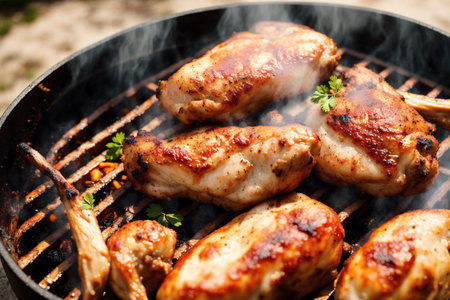 Grilled chicken wings on barbecue grill, closeup. Barbecue foodの素材