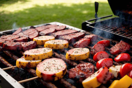 Grilled meat on a barbecue grill with flames in the background.の素材