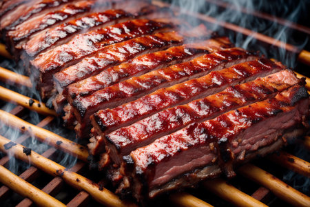 Grilled sausages on the grill with flames, close upの素材