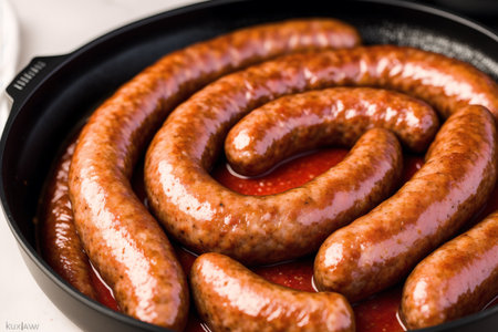 sausages on a frying pan with ketchup, close upの素材