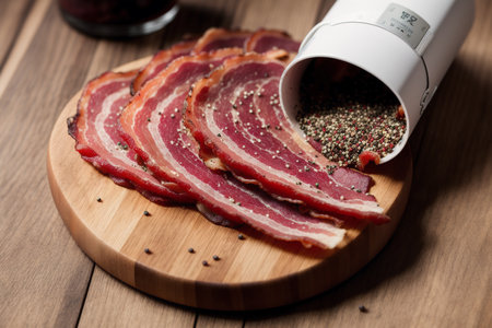 Slices of smoked bacon with spices on a wooden board.の素材