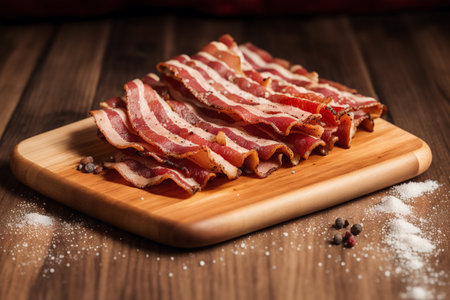 Slices of bacon on a wooden board with salt and pepperの素材