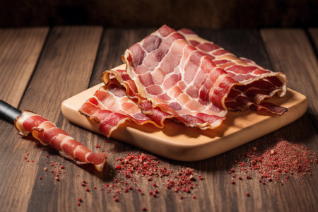 Slices of bacon on a cutting board on a wooden tableの素材
